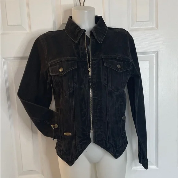 Harley Davidson Black Jean Denim Jacket With Silver Embroidered Wings size S - Picture 7 of 10